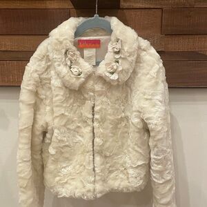Kate Mack White Faux Fur Jacket with Floral Details Little Girl Size S